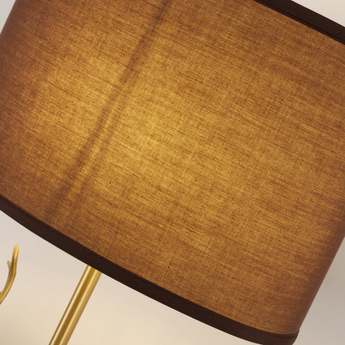 Lámpara de Mesa de 1 Luz con Pantalla de Tela Retro Contemporánea y Cilindro de Latón con Ciervo para Mesita de Noche 