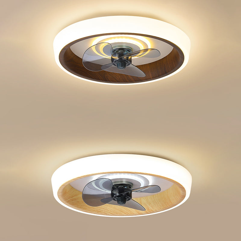 Modern Minimalist Round Wood Grain Aluminum Acrylic LED Flush Mount Ceiling Fan Light For Bedroom