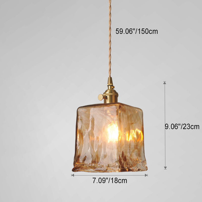 Zeitgenössische Retro Messing geometrische quadratische Bernstein Glas Schatten 1-Licht Pendelleuchte für Wohnzimmer