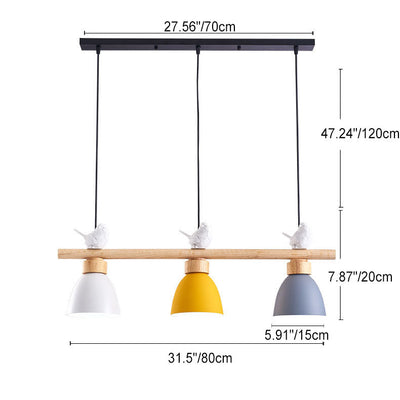 Contemporary Scandinavian Round Bird Iron Wood Resin 3-Light Island Light Chandelier For Dining Room
