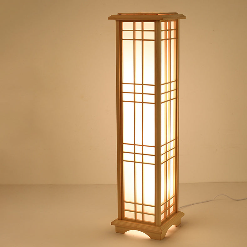 Traditional Japanese Wood Acrylic Pillar Rectangular 1/2/3 Light Standing Floor Lamp For Bedroom