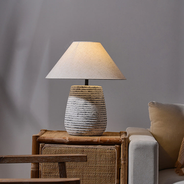 Modern Vintage Ceramic Jar Linen Fabric Handmade 1-Light Table Lamp For Living Room