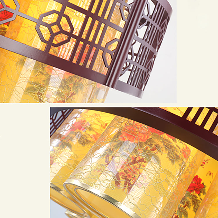 Lustres Traditionnels Chinois en Bois de Fer PVC Cylindre Rond Imprimé 7/9/11 Lumières pour Salle à Manger 