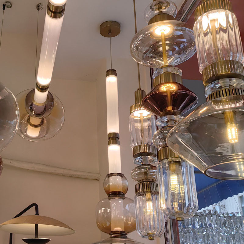 Traditional European Irregular Cylinder Iron Glass 1-Light Pendant Light For Living Room