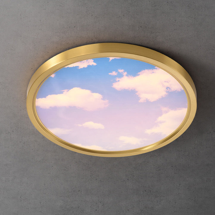 Moderne Einfachheit Vollkupfer Blauer Himmel Wolken Design Runder Acrylschirm LED Deckenleuchte für Wohnzimmer 