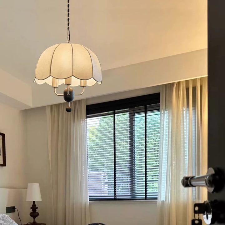 Traditional French Metal Wood Fabric Dome Decorative Border 3-Light Pendant Light For Dining Room