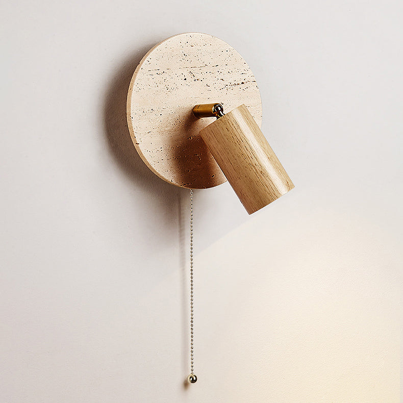 Moderne Mid-Century Runde Zylinder Massivholz Beige Travertin 1-Licht Wandleuchte Lampe für Schlafzimmer 