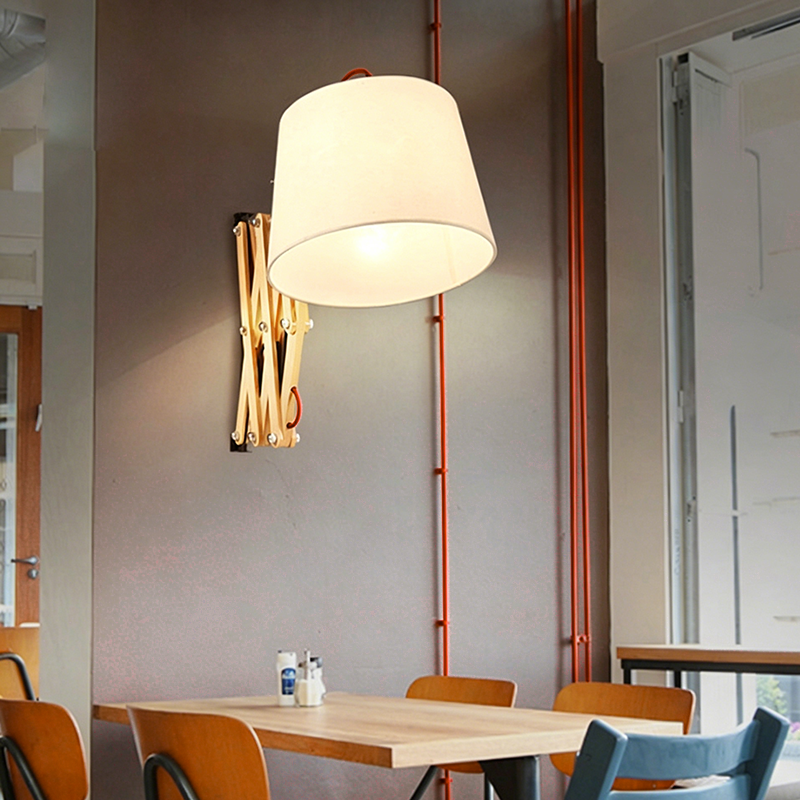 Traditional Vintage Linen Cone Ash Wood Iron Retractable Rotating 1-Light Wall Sconce Lamp for Living Room