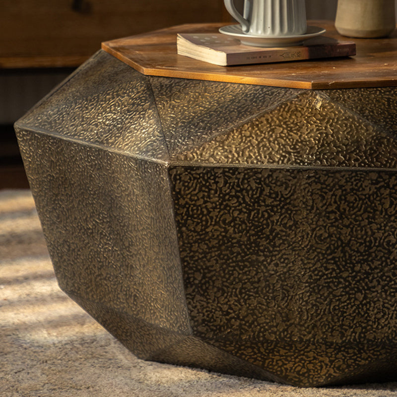 Mesa de café geométrica de hierro y madera de pino con diseño retro contemporáneo de 1 estante para sala de estar 