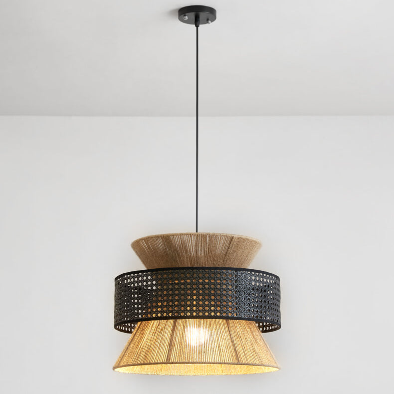Traditionelle Vintage Zen Rattan Hanf Seil Weben Runde Schatten 1-Licht Pendelleuchte für Wohnzimmer 