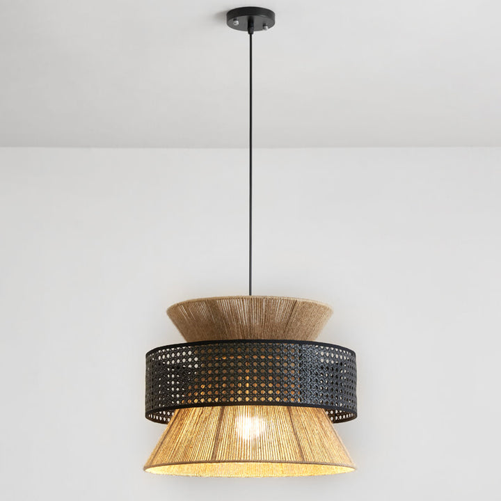Traditionelle Vintage Zen Rattan Hanf Seil Weben Runde Schatten 1-Licht Pendelleuchte für Wohnzimmer 
