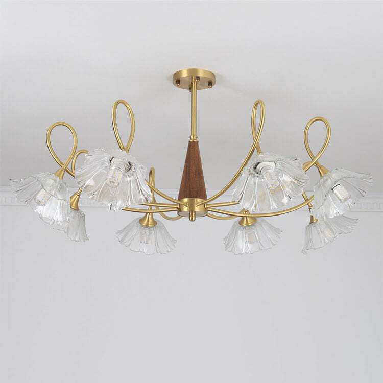 Lámpara de araña tradicional vintage de vidrio floral, madera y cobre con ramas de cristal de 3/6/8 luces para sala de estar 