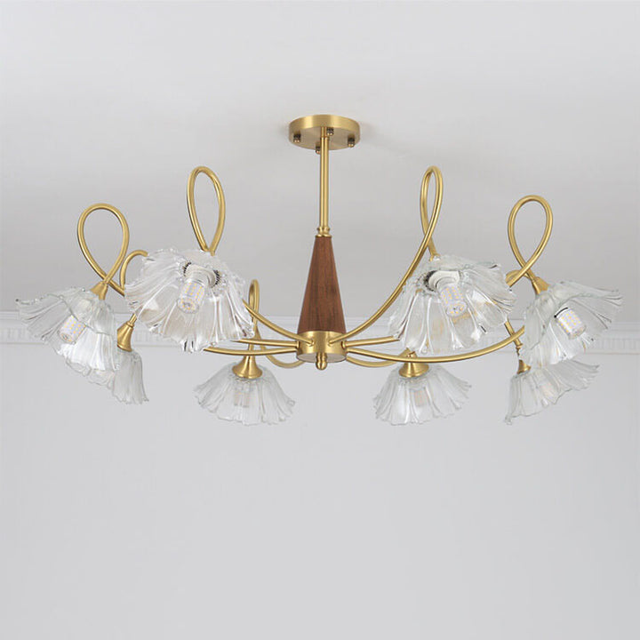 Lámpara de araña tradicional vintage de vidrio floral, madera y cobre con ramas de cristal de 3/6/8 luces para sala de estar 