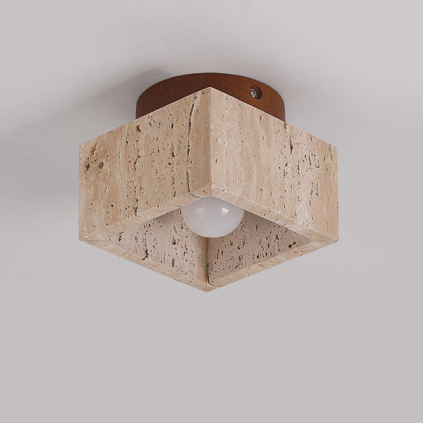 Japanese Wabi-Sabi Yellow Travertine Column Wood 1-Light Semi-Flush Mount Ceiling Light