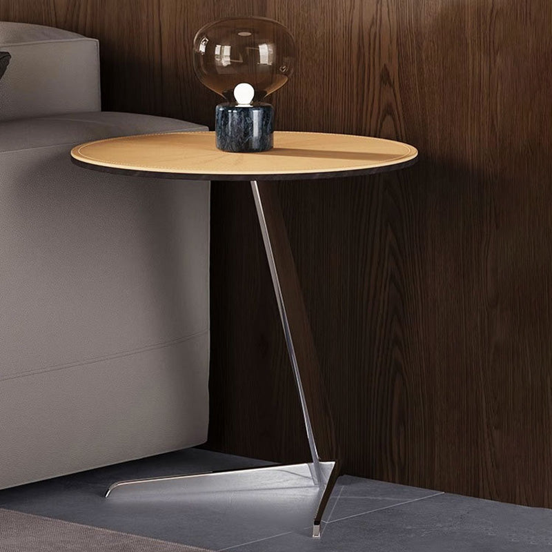 Modern Minimalist Round Saddle Leather Steel End Table For Living Room