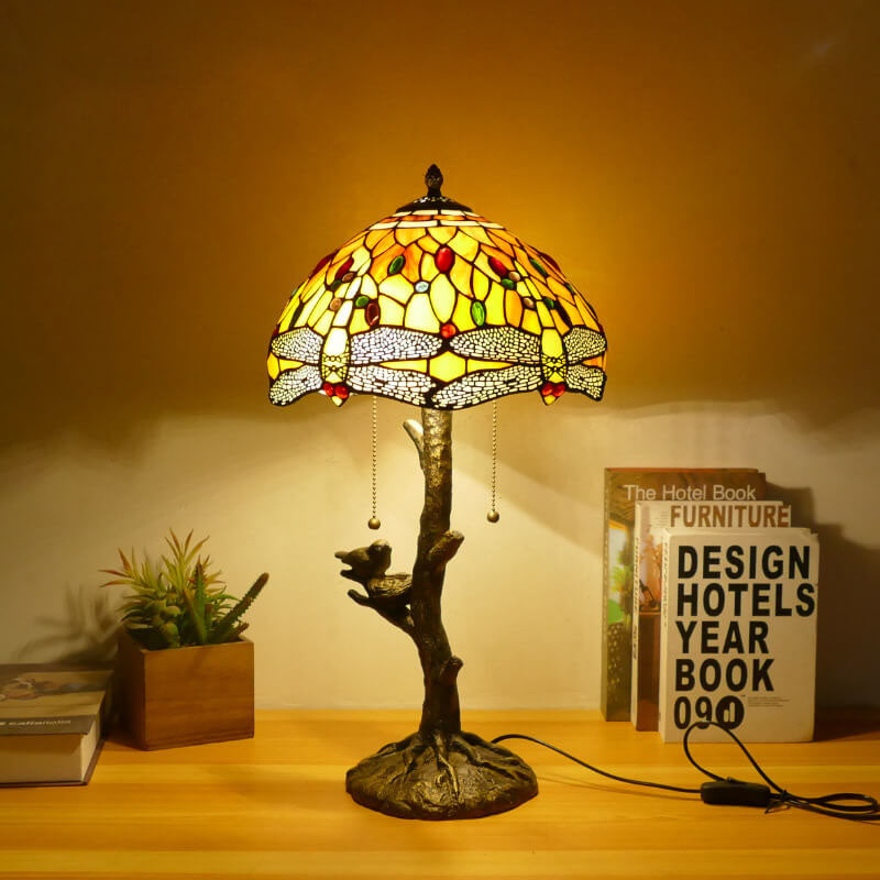 Traditional Tiffany Dragonfly Flower Stained Glass Bird Base 2-Light Table Lamp For Bedroom