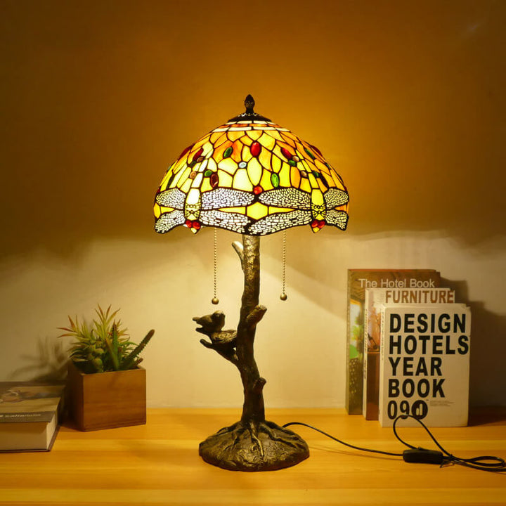 Traditional Tiffany Dragonfly Flower Stained Glass Bird Base 2-Light Table Lamp For Bedroom