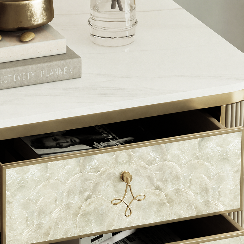 Modern Luxury Rectangular Sintered Stone Eco-board Birch Leg Nightstand 3-Drawer For Bedroom