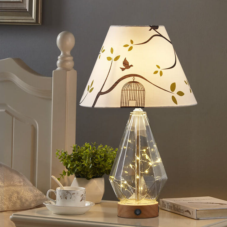 Traditional Rustic Fabric Glass Solid Wood Rhombus 1-Light Table Lamp For Bedroom