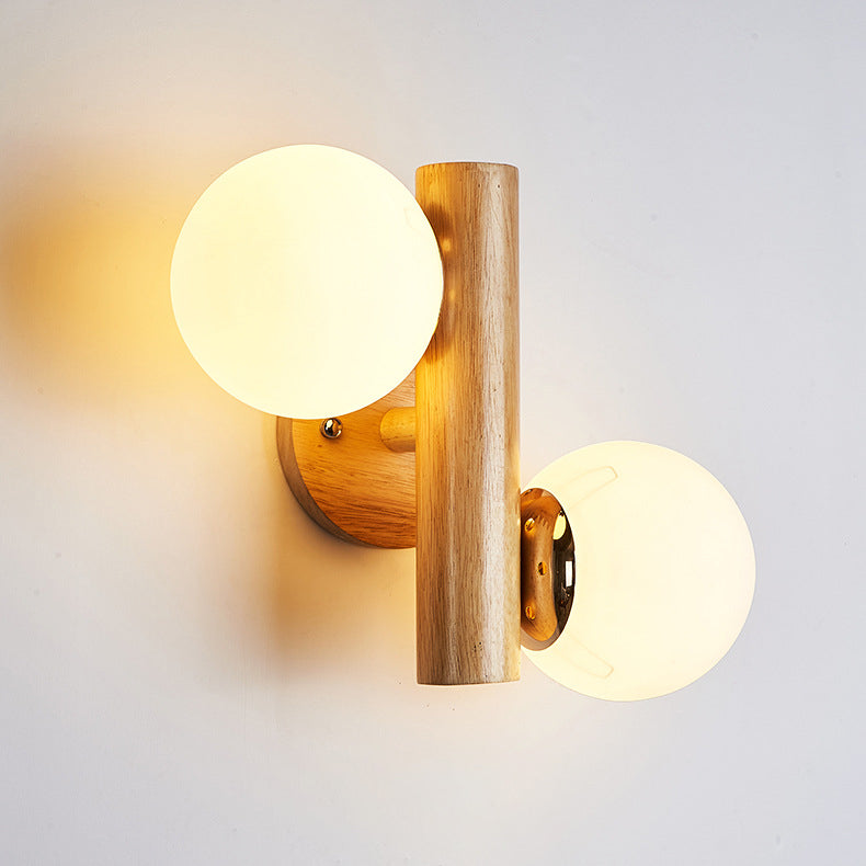 Applique murale à 2 lumières avec verre, matériel en bois, orbe cylindrique minimaliste moderne pour chambre 