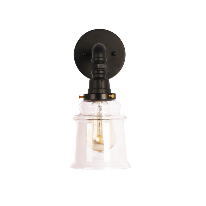 Contemporary Industrial Clear Glass Bell Pipe Iron 1-Light Wall Sconce Lamp For Bedroom