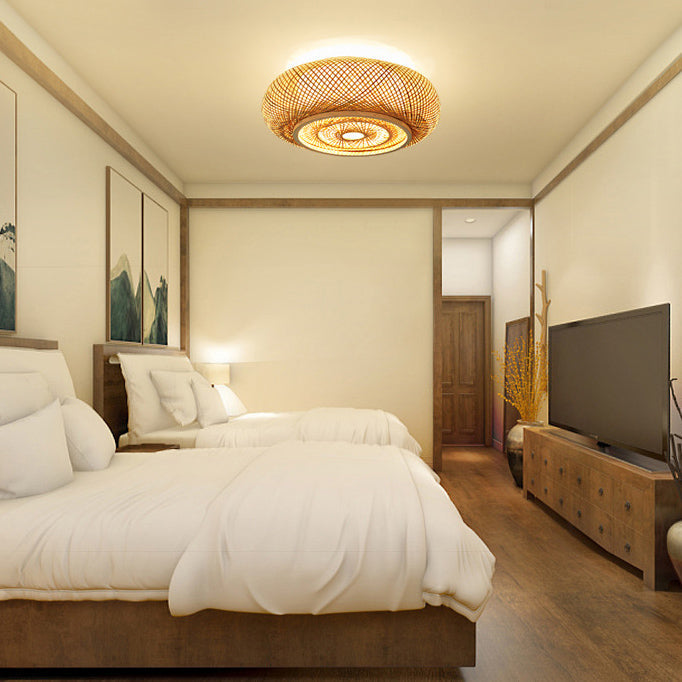 Plafonnier en bambou PVC à une lumière avec monture affleurante, style vintage traditionnel et squelette rond pour salon 