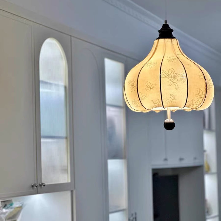 Suspension Luminaire Traditionnel Vintage en Forme de Châtaigne Ronde en Tissu Bois Massif 3/5 Lumières pour Salon 