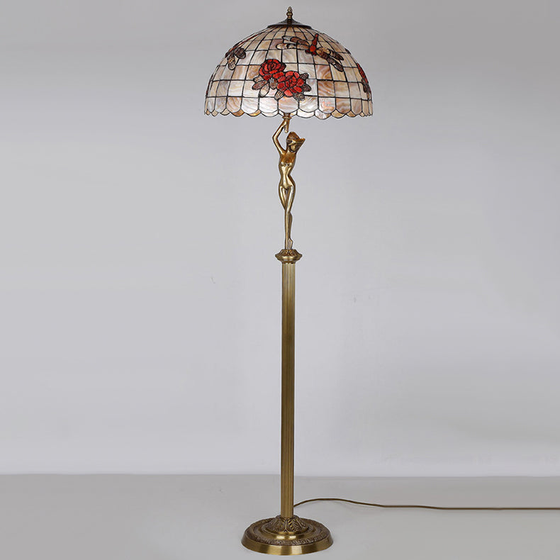 Traditionelle Tiffany Messing Shell Dome Rose Libelle 3-Licht Stehlampe für Wohnzimmer 