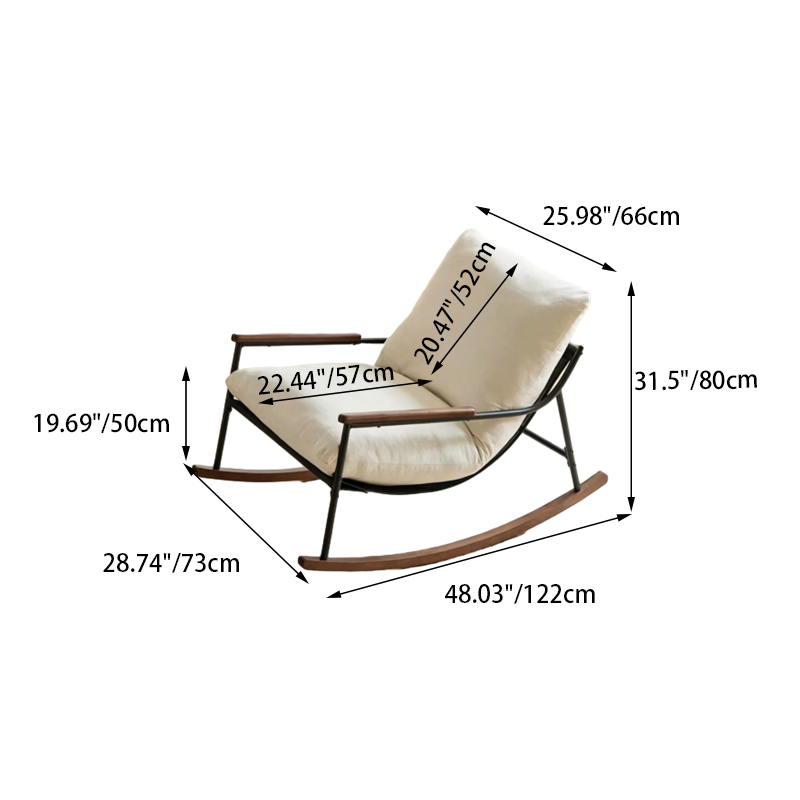 Contemporary Scandinavian Corduroy Metal Solid Wood Curved Square Rocking Chair With Backrest Armrests For Living Room