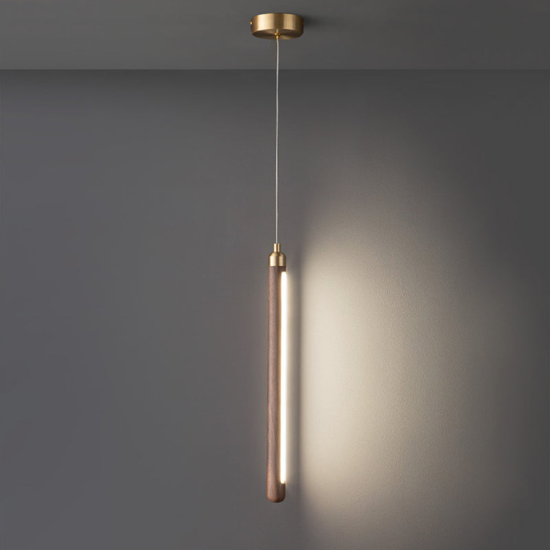 Lámpara colgante LED de madera, cobre y acrílico lineal minimalista moderna para dormitorio 