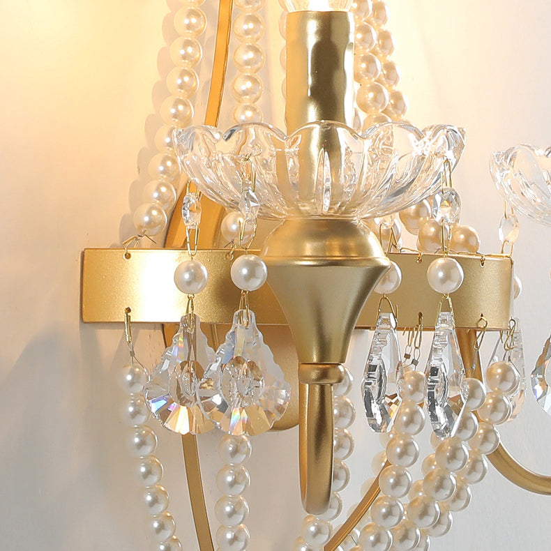 Lámpara de Aplique de Pared de 2 Luces de Cristal de Perlas y Hierro con Flecos en Media Luna de Lujo Moderno para Dormitorio 
