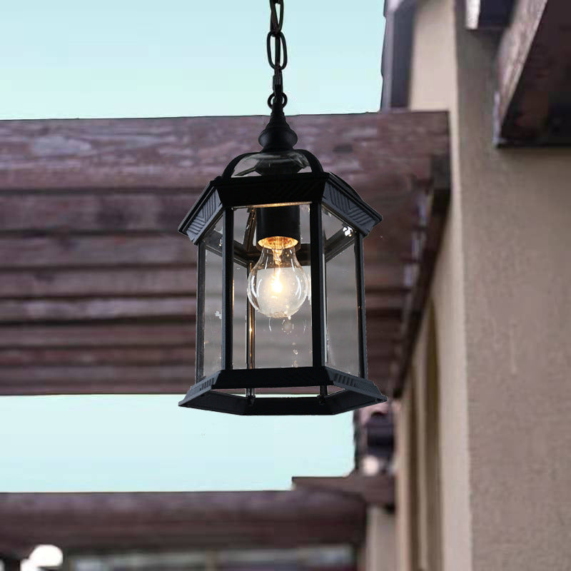 Lanterne suspendue extérieure moderne minimaliste à colonne hexagonale en aluminium et verre avec 1 lumière pour jardin 