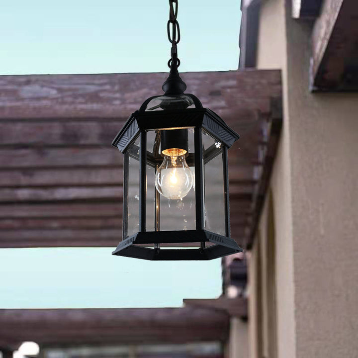 Lanterne suspendue extérieure moderne minimaliste à colonne hexagonale en aluminium et verre avec 1 lumière pour jardin 