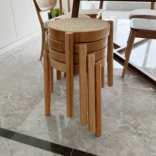 Traditional Japanese Round Rattan Weaving Ash Wood Frame Stackable Low Stool For Living Room