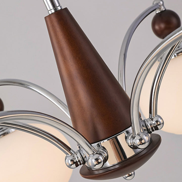 Modern Transitional Glass Round Shade Solid Wood Branch 3/5/6/8 Light Chandelier For Living Room