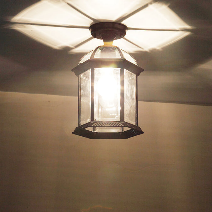 Traditional European Outdoor Hexagonal Lantern Waterproof 1-Light Semi-Flush Mount Ceiling Light For Outdoor
