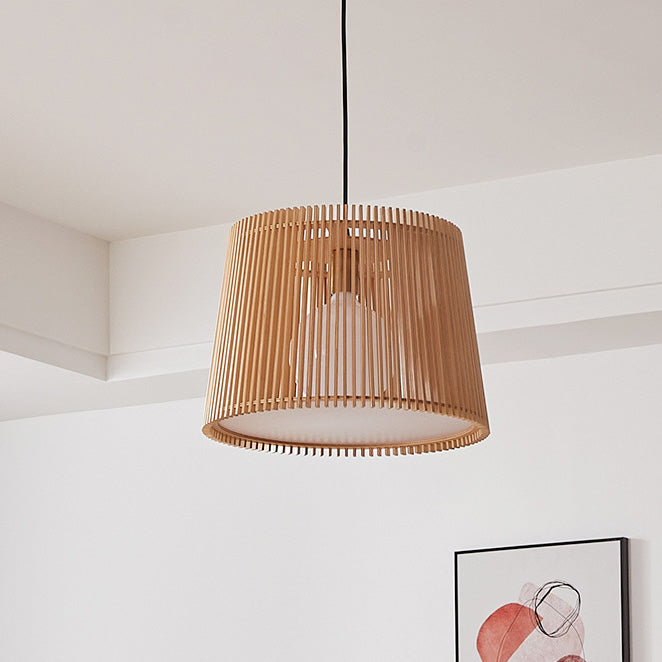 Traditional Japanese Wood Acrylic Cylinder Bucket 1-Light Pendant Light For Dining Room
