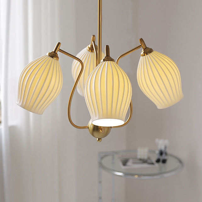 Traditioneller französischer Kronleuchter aus Eisen, Kupfer und Keramik mit Blumenglocke, gestreift, 4/6/8 Lichter für Wohnzimmer 