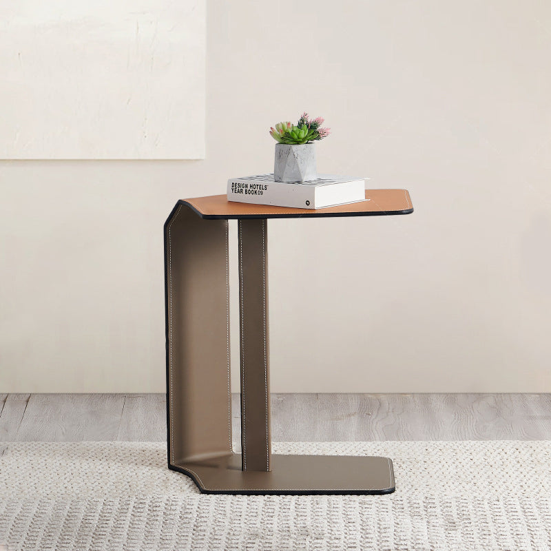 Modern Simplicity Irregular Shape Faux Saddle Leather Carbon Steel Side Table Embedded For Living Room