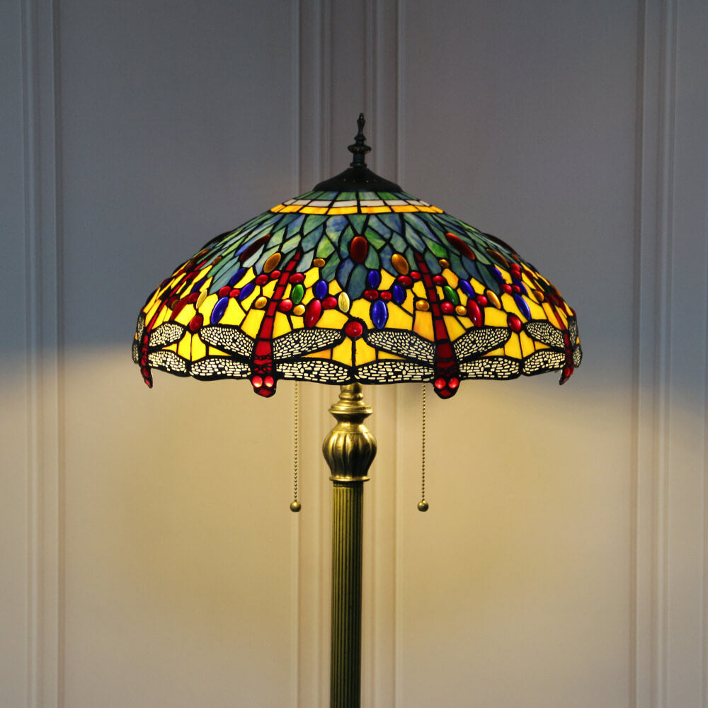 Lámpara de pie de 2 luces con cúpula de resina de vidrio teñido de libélula vintage de Tiffany 
