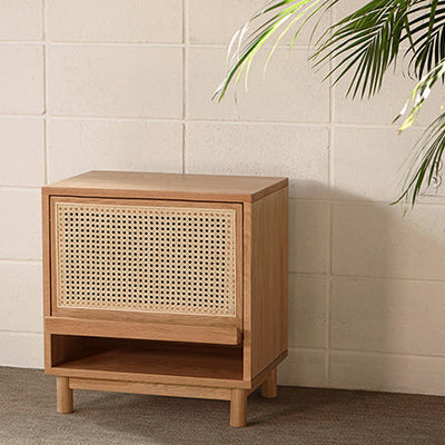 Zeitgenössischer nordischer rechteckiger Holz-Rattan-Beistelltisch mit 1 Schublade für das Wohnzimmer 