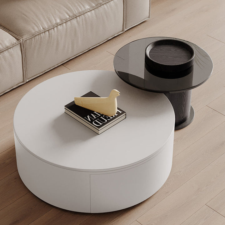 Modern Minimalist Round Plywood Metal Glass Coffee Table Set 2-Drawer For Living Room