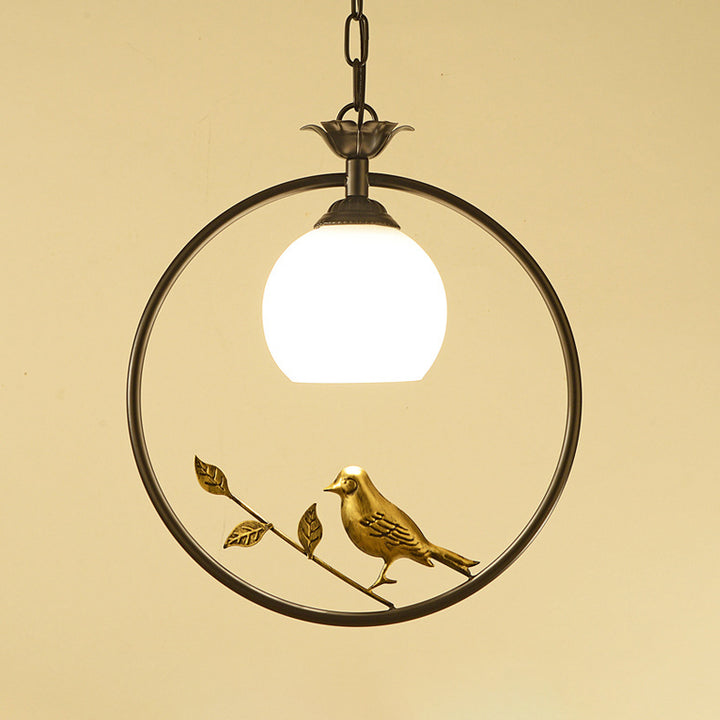 Traditionelle Vintage Eisenring Vogel Dekor Blume Glasschirm 1-Licht Pendelleuchte für Wohnzimmer 