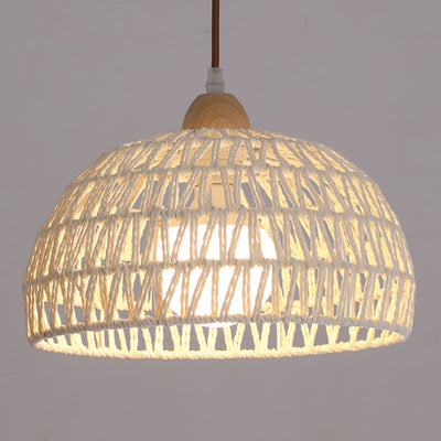 Traditional Japanese Half Round Solid Wood Rattan 1-Light Pendant Light For Living Room