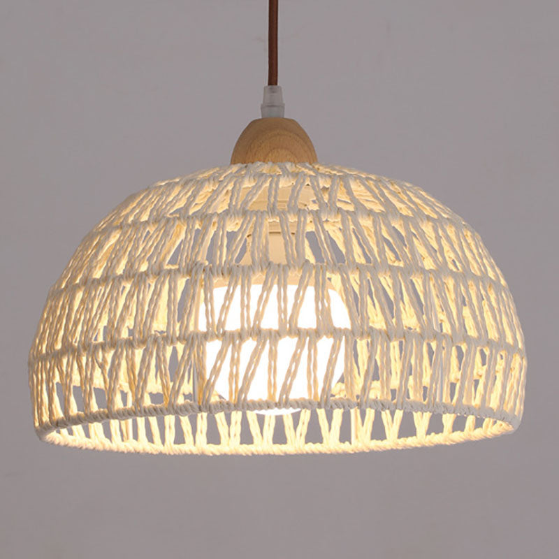 Traditional Japanese Half Round Solid Wood Rattan 1-Light Pendant Light For Living Room