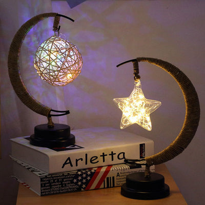 Modern Decorative Moon Orb Stars Iron Plastic Rattan Battery USB Table Lamp