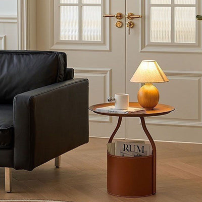 Contemporary Creative Round Barrel Faux Saddle Leather Stainless Steel Coffee Table Tote For Living Room