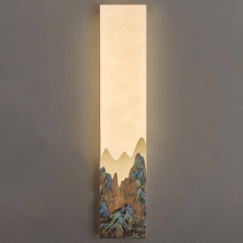Applique murale LED rectangulaire en marbre chinois traditionnel tout-cuivre pour chambre à coucher 