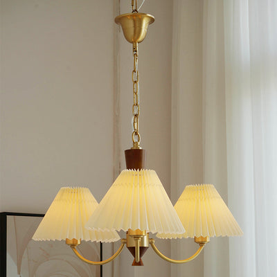 Traditional Vintage Pleated Fabric Shade Wood Brass Frame 3/5-Light Chandelier For Living Room