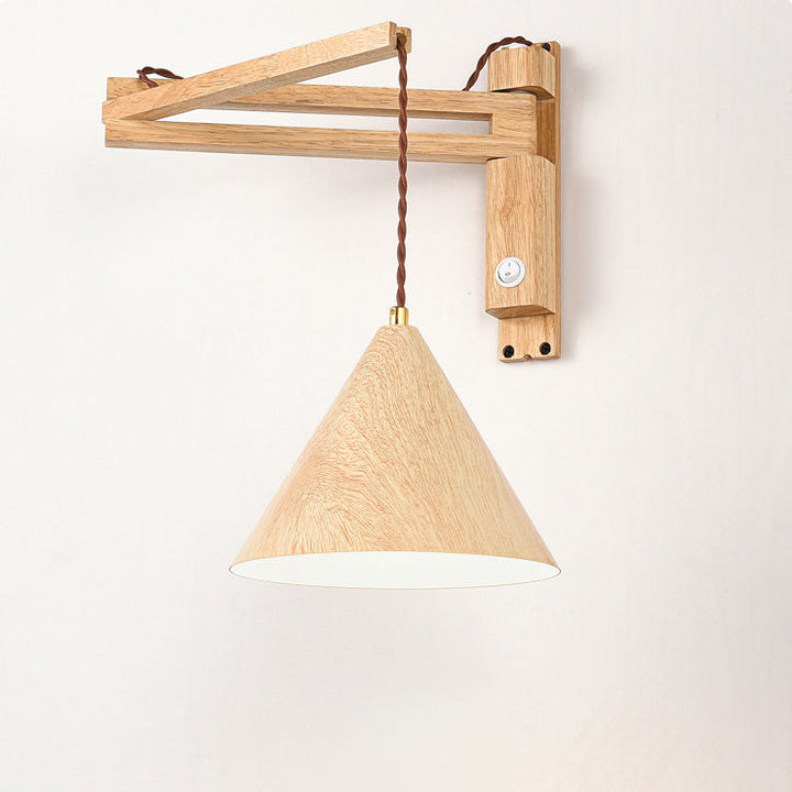 Applique murale moderne minimaliste conique rétractable en fer long, grain de bois tourné, pour chambre à coucher 